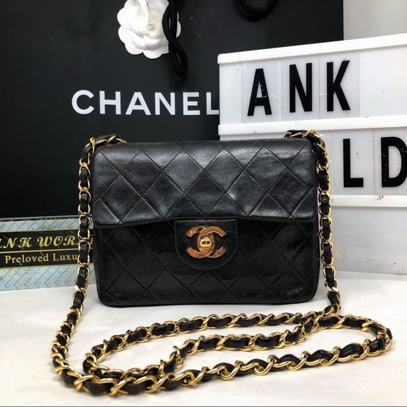 CHANEL Handbags - Chanel Mini square classic flap vintage black matelasse quilted single chain bag